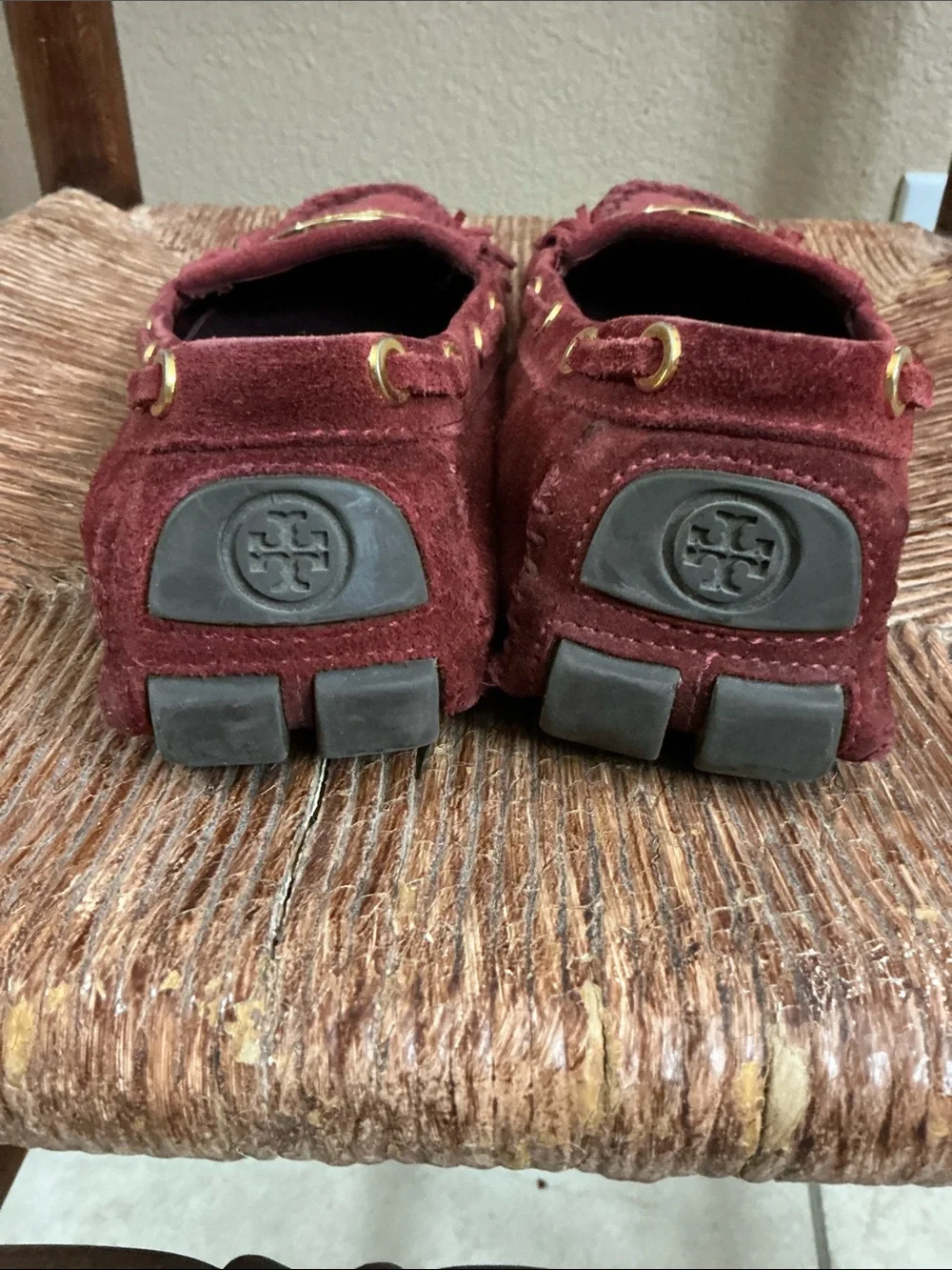 Tory Burch Burgundy Suede Fringe Logo Loafers